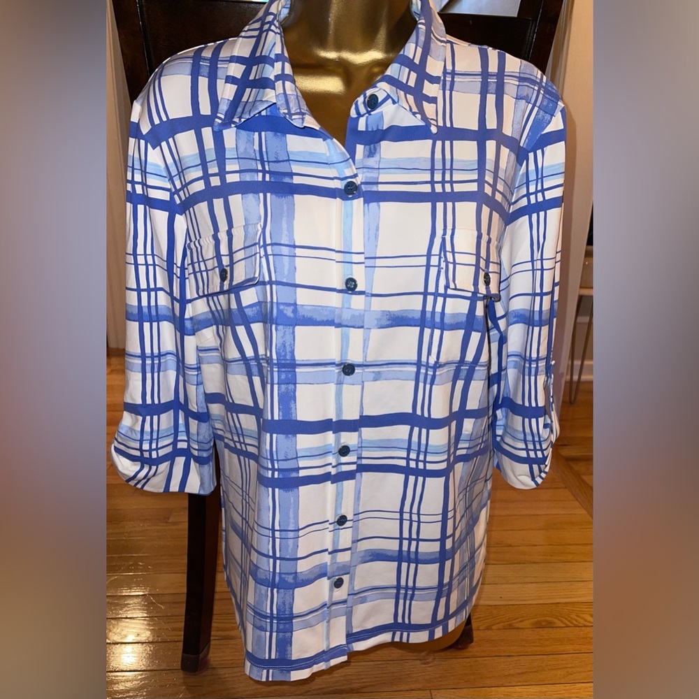 J McLAUGHLIN Monroe Shirt Catalina Cloth Placid Blue White Button Up 3/4 Women L